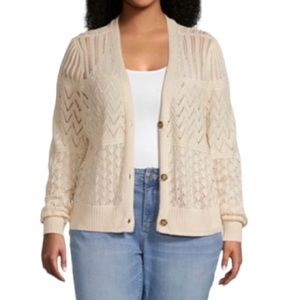 a.n.a  4X V Neck Sleeve Button Front Puff Long Sleeve Cardigan Birch Open Knit